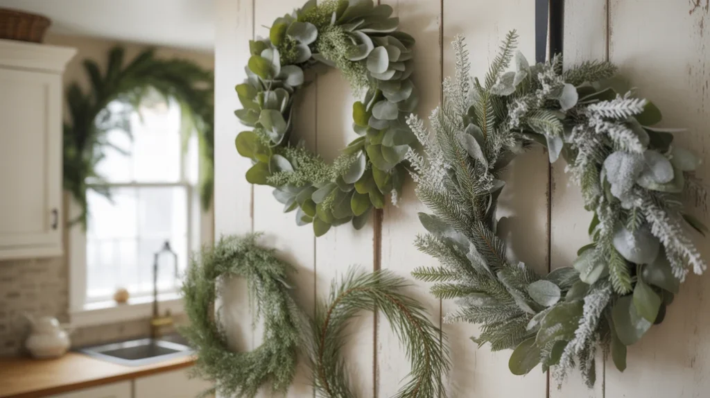 Multiple wreaths in various sizes arranged on a kitchen wall with pine and eucalyptus