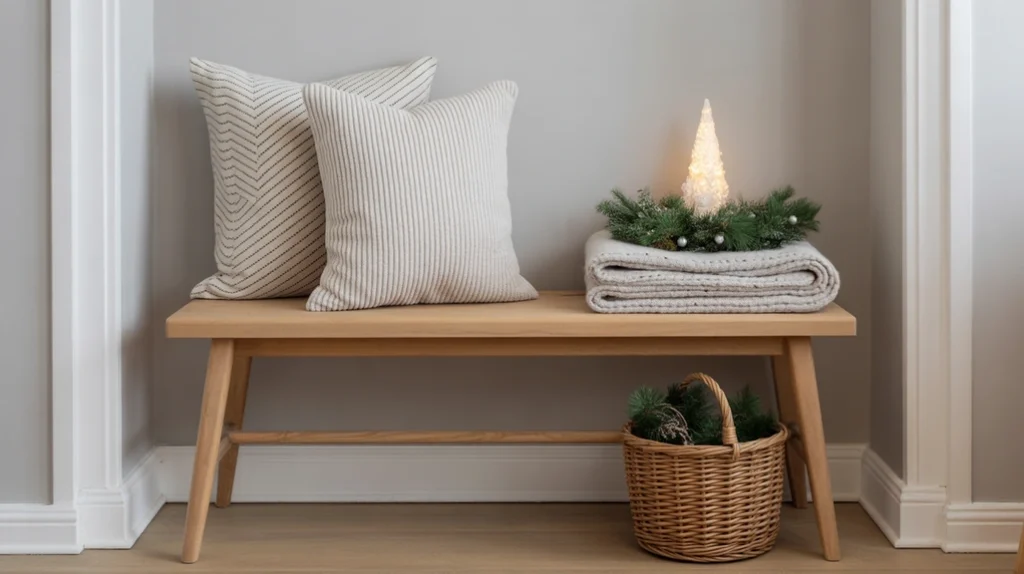 “Light wooden bench styled with simple greenery for Scandinavian Christmas entryway design”