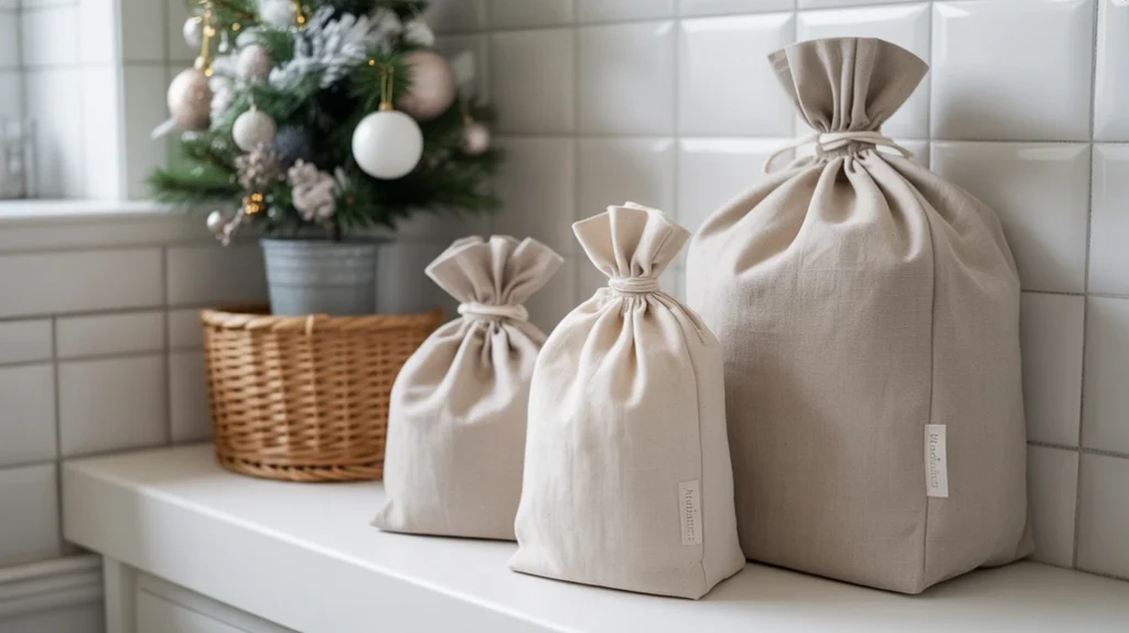 Neutral linen storage bags adding soft texture to a minimal Hygge Christmas bathroom.