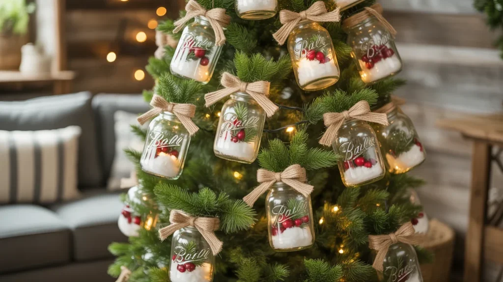 DIY mason jar ornaments filled with faux snow and berries on a farmhouse Christmas tree.