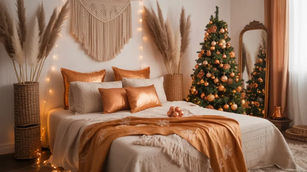 Gold and copper candleholders creating soft festive shimmer in boho Christmas bedroom decor