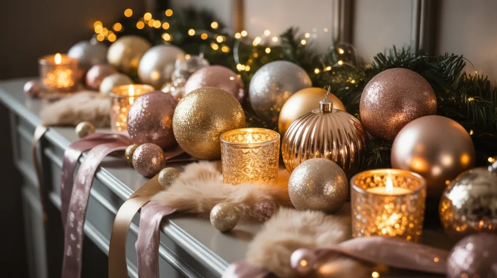 Sparkling metallic Christmas shelf decor with glittery ornaments and candlelight