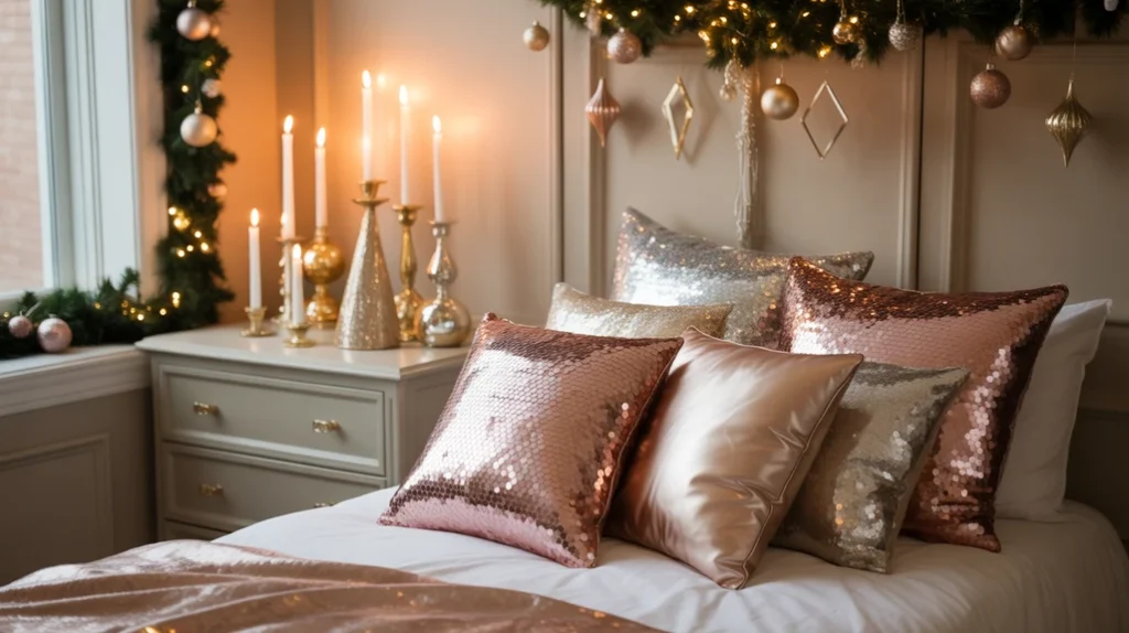 Metallic ornaments and sequin cushions creating a sparkling modern teen Christmas bedroom style