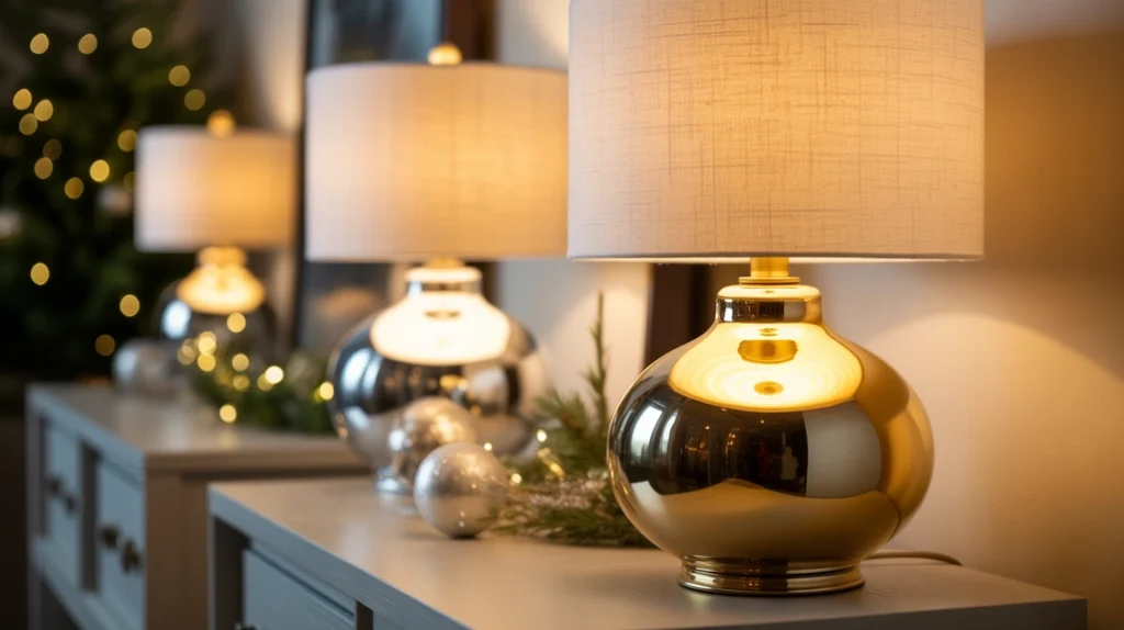 Gold and silver lamps reflecting festive shimmer in Christmas bedroom decor