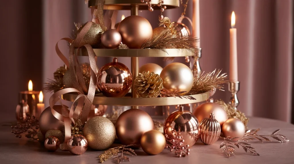 Mixed metallic Christmas decor combining rose gold, copper, and champagne tones for sophisticated holiday interiors.