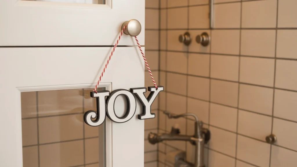 light christmas sign hanging from a towel hook adding a cheerful accent