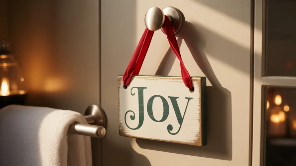 lightweight holiday sign hanging from a towel hook adding cheerful christmas decor