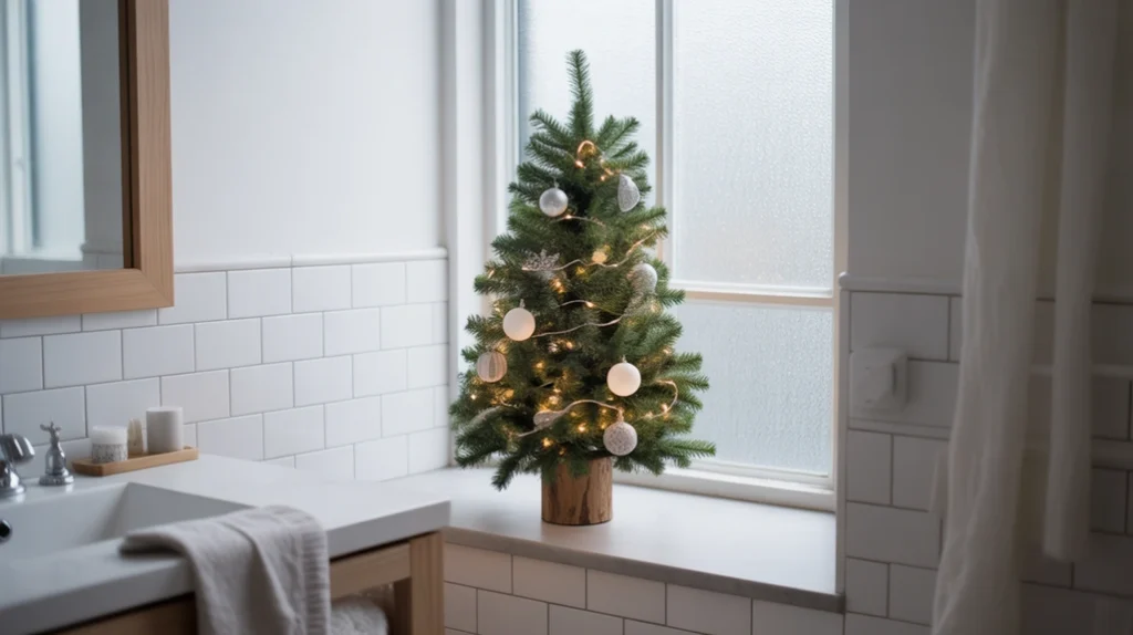 Small minimalist Christmas tree adding cozy Nordic Scandinavian holiday charm to the bathroom