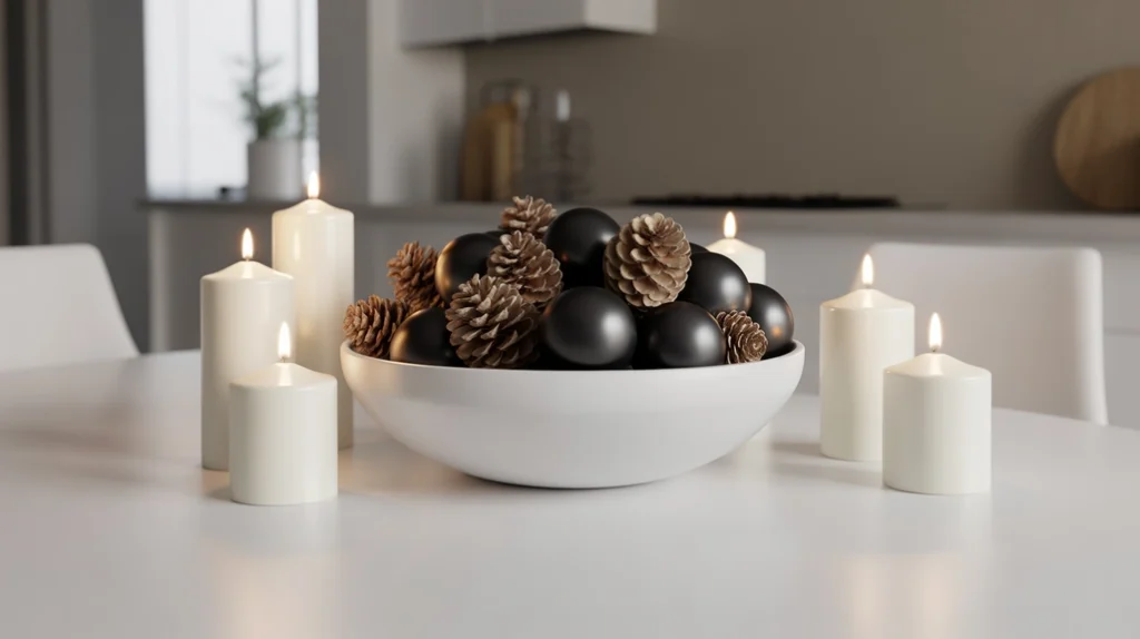 Minimal centerpiece with black ornaments, pinecones, and white candles for elegant Christmas kitchen design