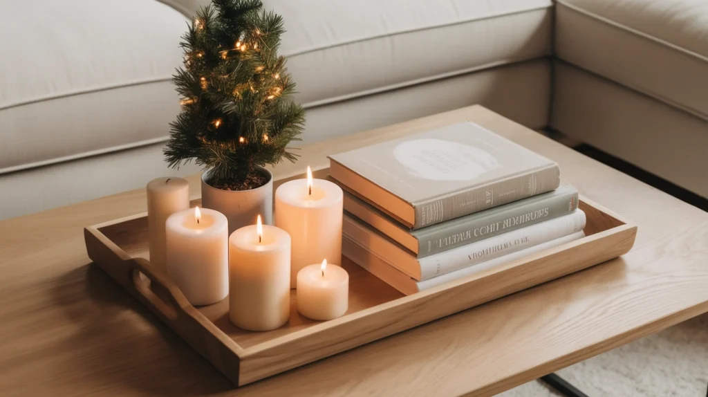 Minimal Christmas coffee table styling with candles, mini tree, and festive books