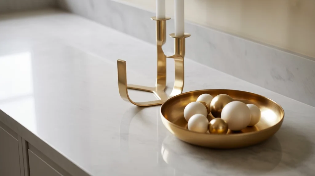 minimal christmas countertop decor with candles and ornaments for a clean, elegant kitchen look