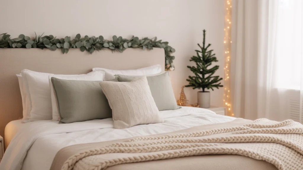 Minimalist Christmas bedroom decor with neutral tones, greenery, and soft lighting