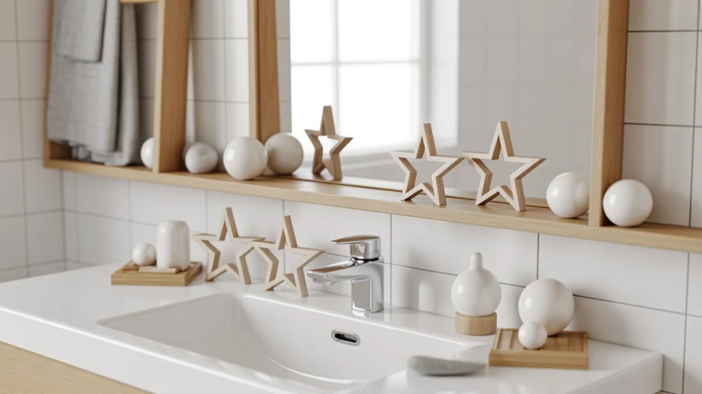 muted christmas ornaments in soft tones styled for minimalist scandinavian bathroom decor
