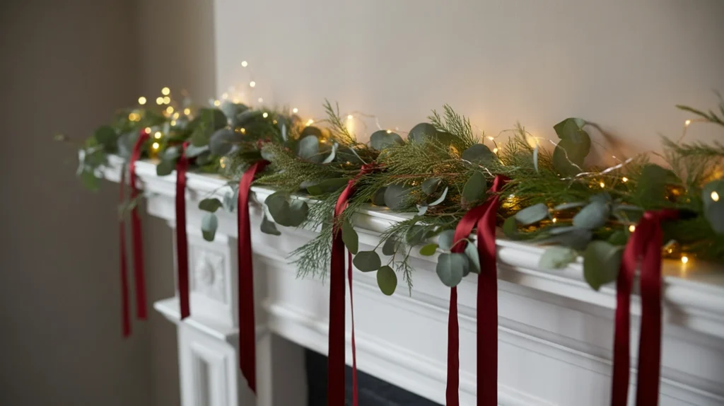 Green pine and eucalyptus garland with red ribbons and lights bringing organic holiday texture.
