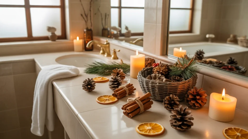 “pinecones and cinnamon sticks styled in a bowl for natural winter bathroom decor”