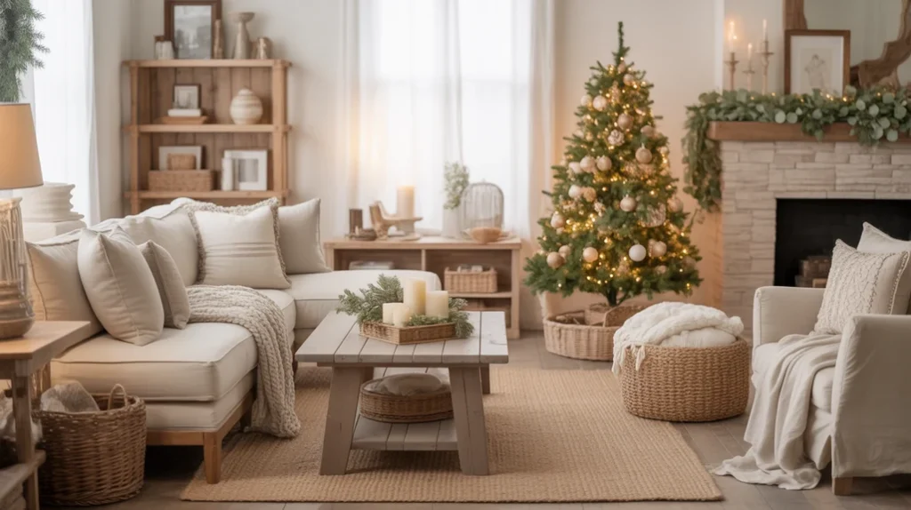 Neutral palette farmhouse Christmas living room with beige tones, wood textures, and subtle holiday style.