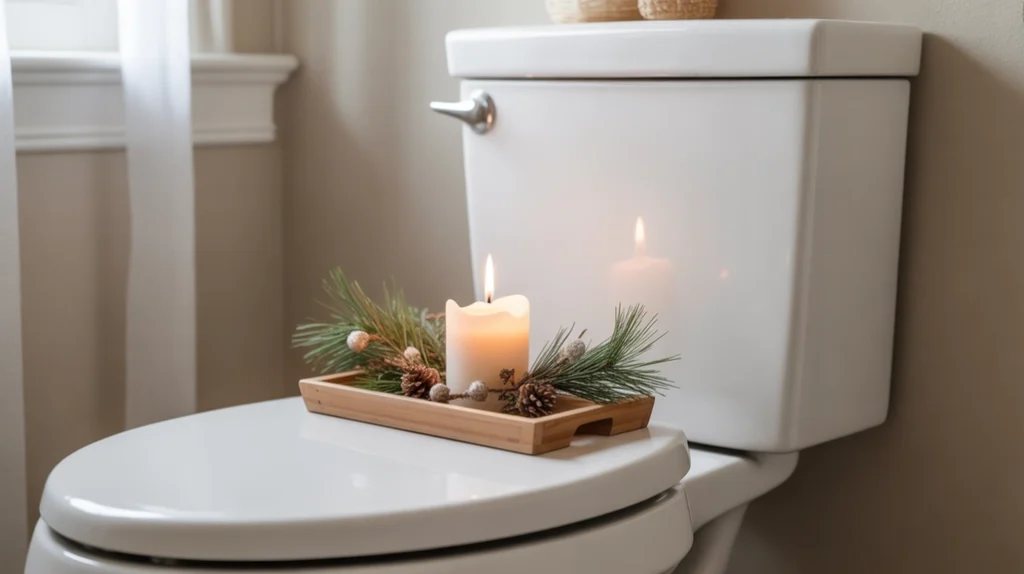 toilet area styled with ceramic candle, greenery, and neutral christmas touches