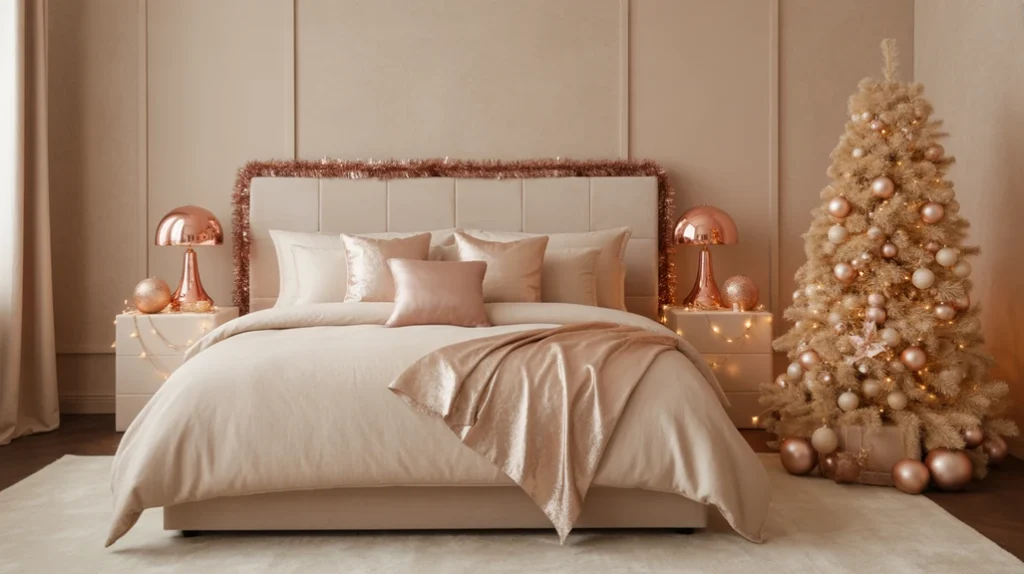 cream and beige tones balanced with rose gold decor creating calm and elegant Christmas bedroom design