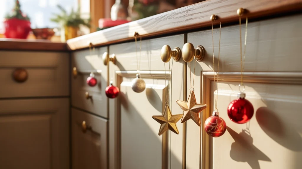 Mini Christmas ornaments hanging on kitchen cabinet knobs for a playful touch