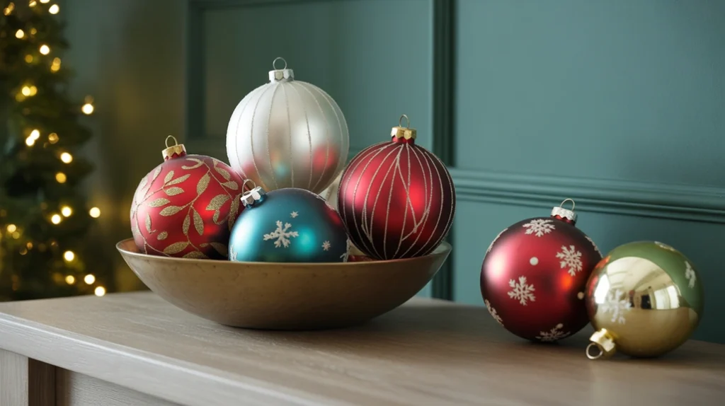 “Large decorative Christmas ornaments used as entryway holiday accents”