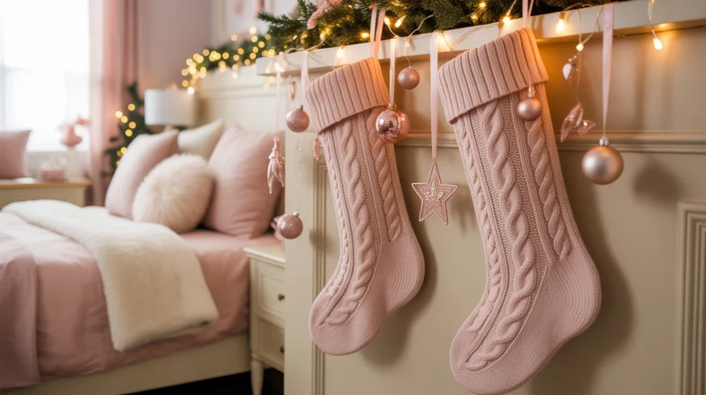 pink Christmas stockings and rose gold accessories styled on bed frame for playful festive bedroom charm