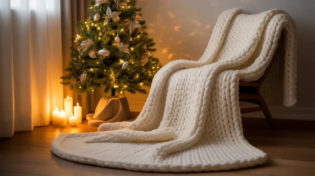Reading nook beside Christmas tree with warm lighting