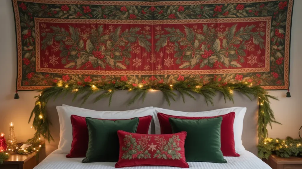 Red and green Christmas wall hanging in cozy holiday bedroom