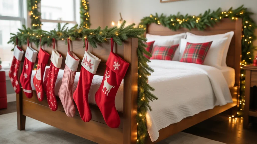 cozy bedroom with red christmas stockings hanging from bed frame adding festive seasonal charm