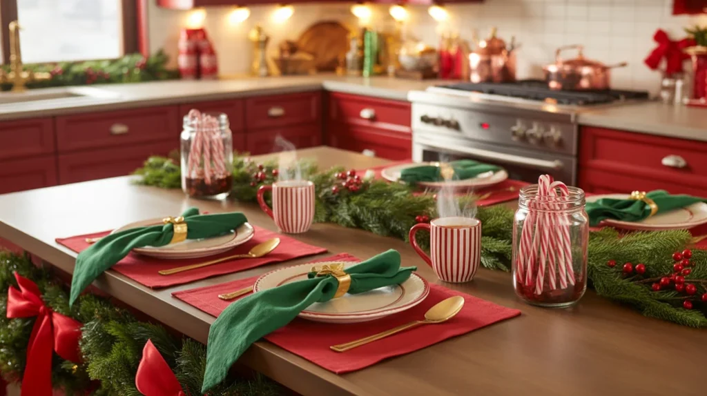 Red and green Christmas kitchen color scheme for traditional holiday decor