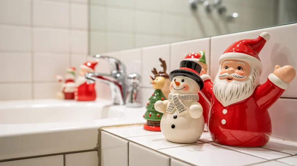 retro christmas figurines like ceramic santa and snowman on bathroom shelf