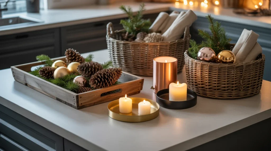 Combination of wooden trays and metallic accents styled on kitchen island blending rustic and modern Christmas decor