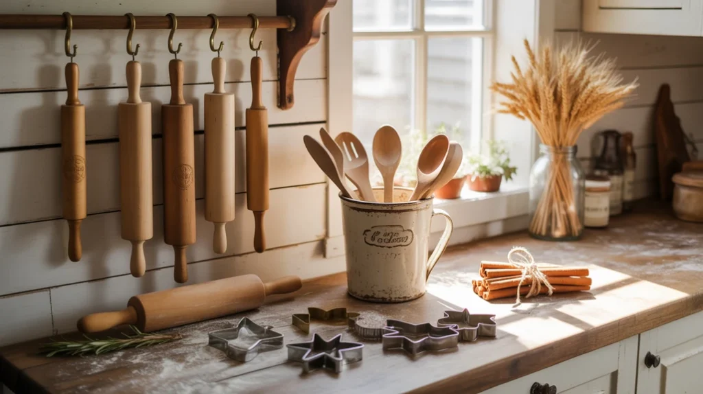 farmhouse baking corner with rolling pins and mixing bowls decorated for christmas
