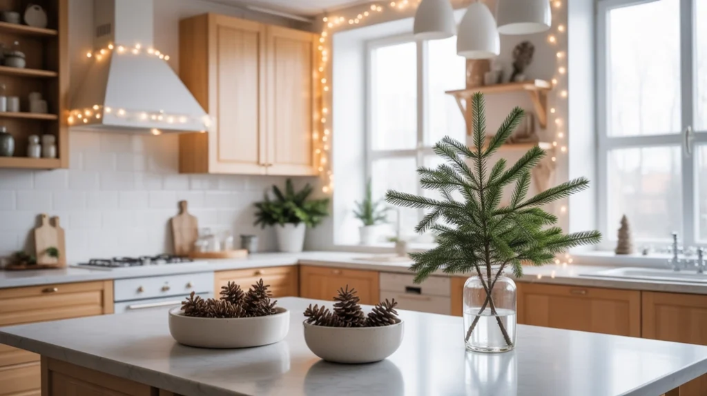Scandinavian modern Christmas kitchen with light wood tones and simple greenery