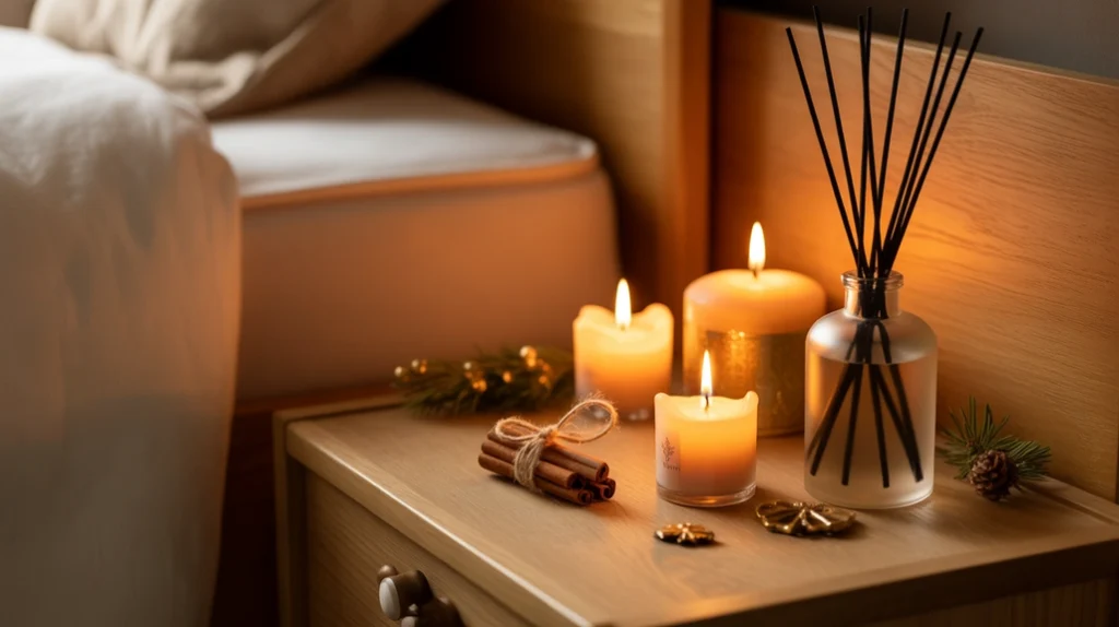 Scented candles and diffusers filling the Christmas bedroom with cinnamon and pine fragrance