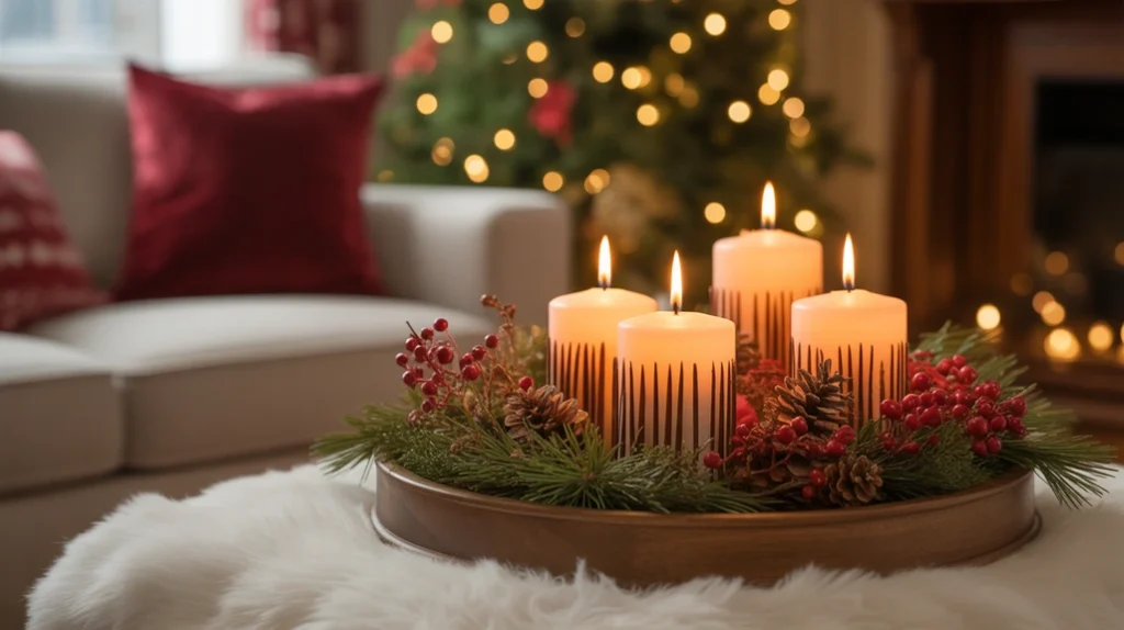 “scented Christmas candle arrangement with cinnamon sticks and pine branches”