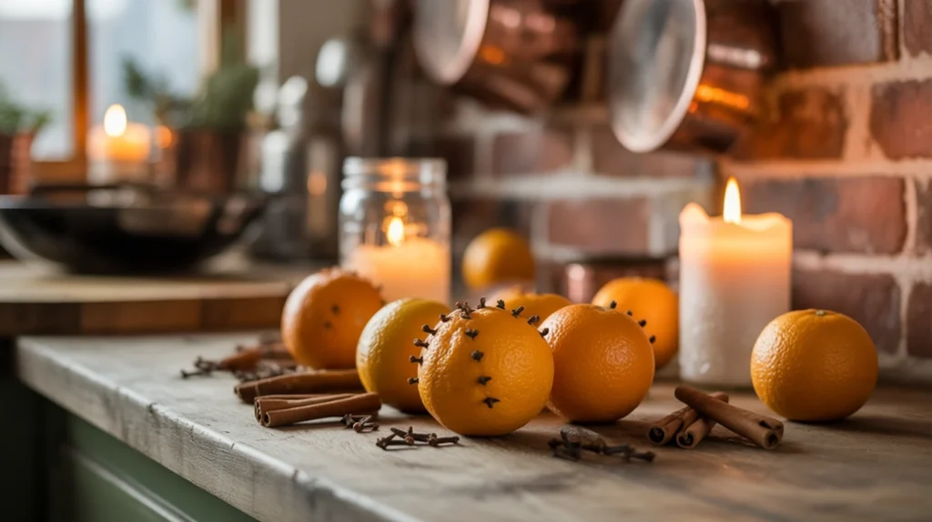 candles with oranges and cinnamon creating warm scent in cozy rustic country christmas kitchen