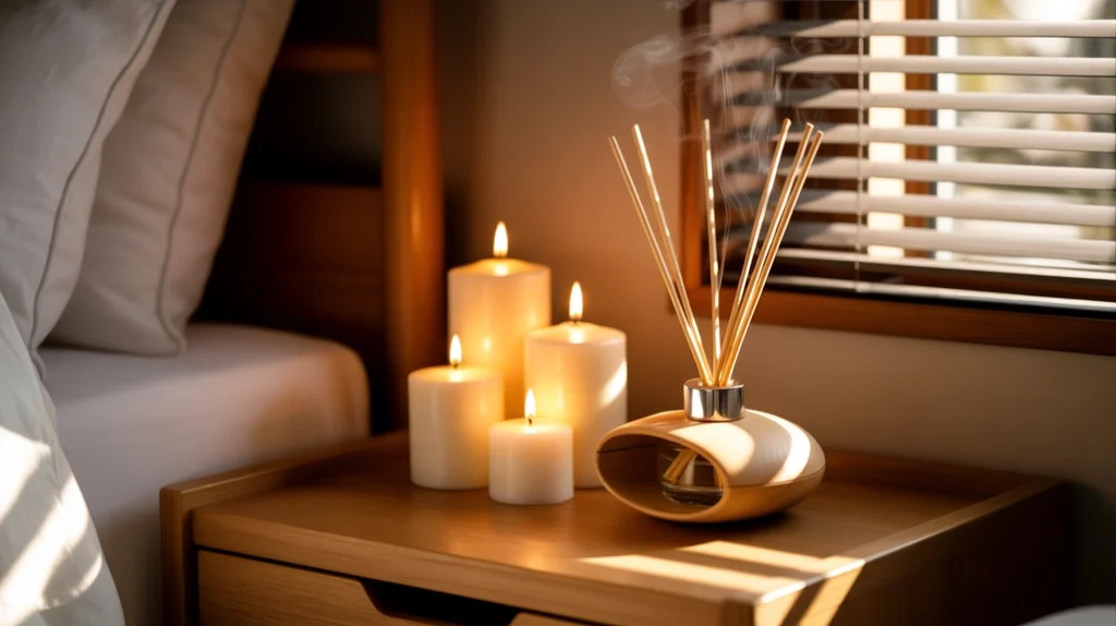 Scented candles and pine diffuser creating cozy aroma in compact Christmas bedroom
