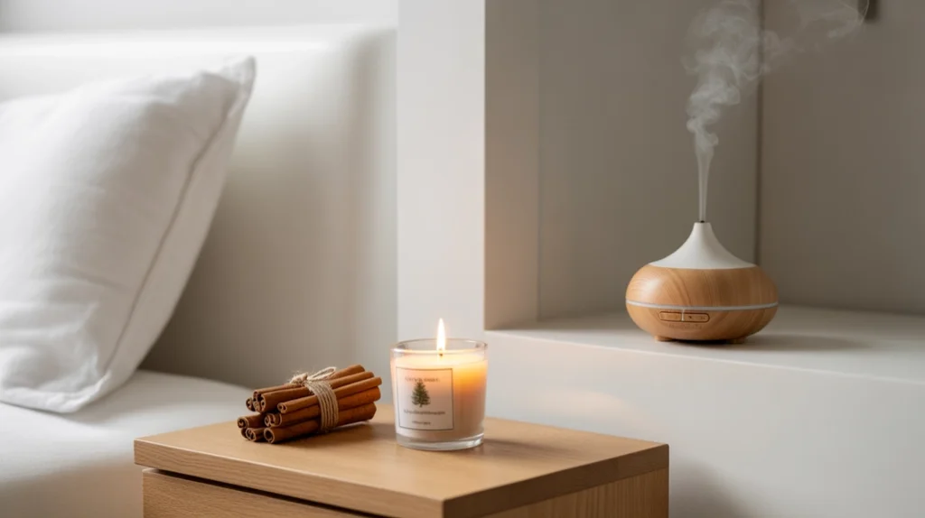 Pine-scented candles and cinnamon sticks adding natural festive aroma to minimalist Christmas bedroom