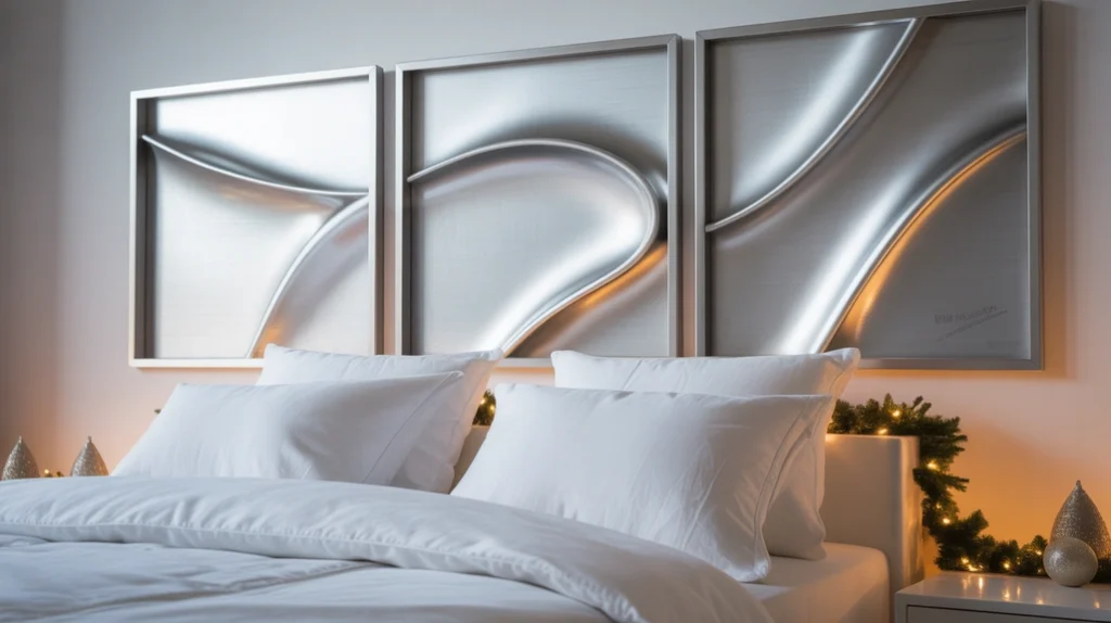 metallic silver wall art above bed completing elegant modern Christmas bedroom design