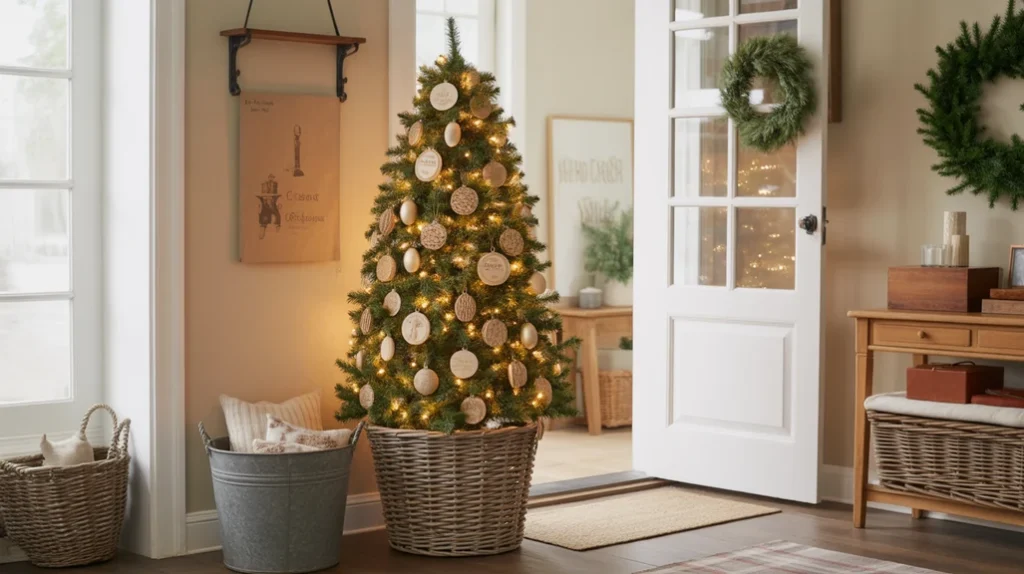 “Slim farmhouse Christmas tree in a basket adding rustic charm to an entryway”
