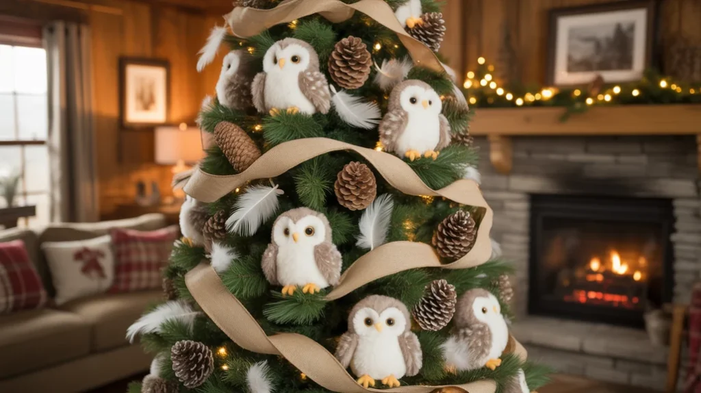 Rustic Christmas tree with snowy owl ornaments, pinecones, and woodland accents