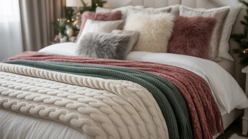 Layered Christmas bedding with statement blanket and textured pillows for cozy festive bedroom design.