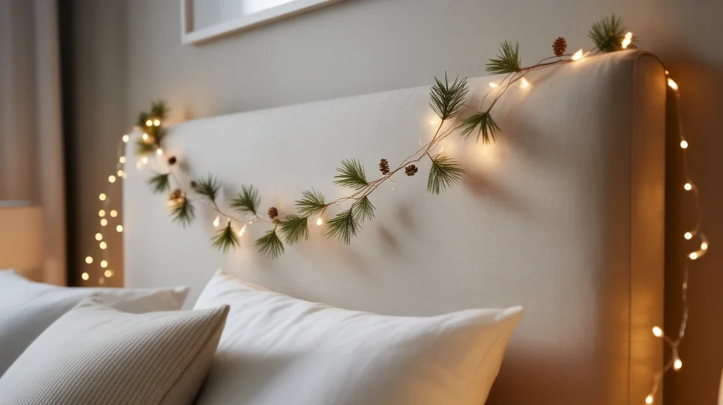 Tiny garland and pine accents draped across headboard in festive small bedroom