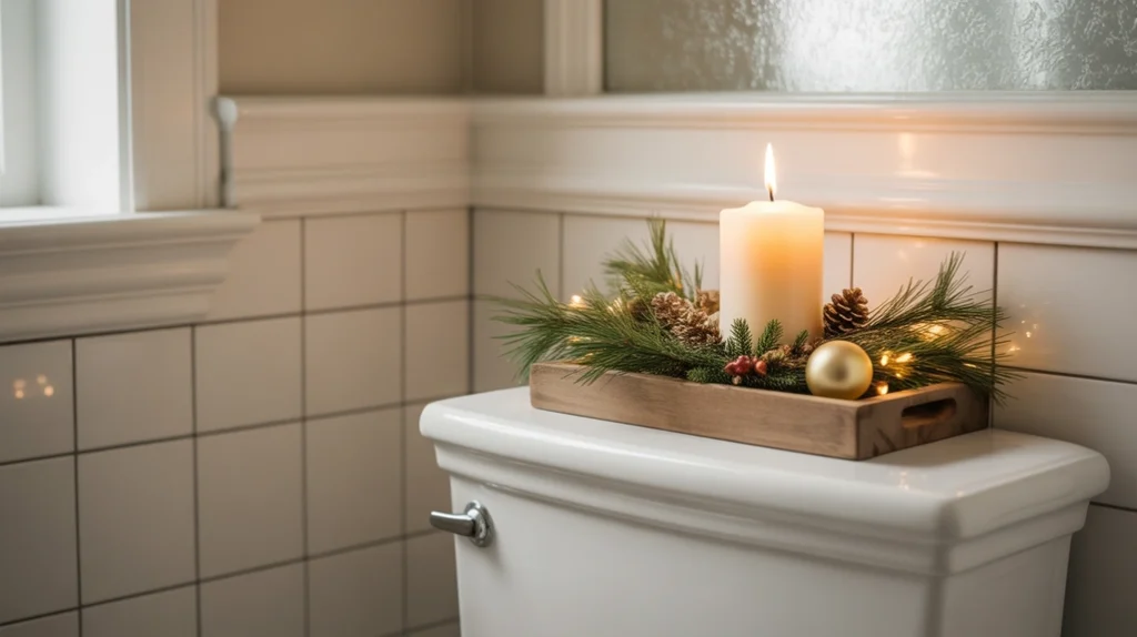 toilet tank decorated with wooden tray, candle, and greenery for classic christmas bathroom look