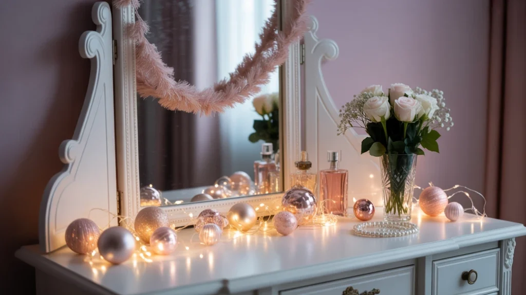 Vanity decorated with garlands, fairy lights, and ornaments in pink holiday theme