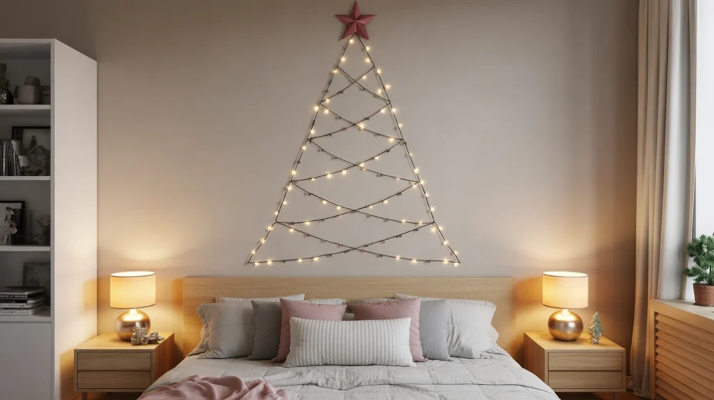 Wall-mounted Christmas tree made of fairy lights and ornaments creating festive holiday wall art.