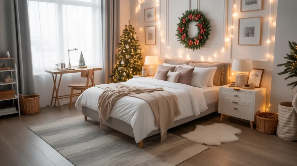 Soft holiday area rug completing a cozy Christmas bedroom setup