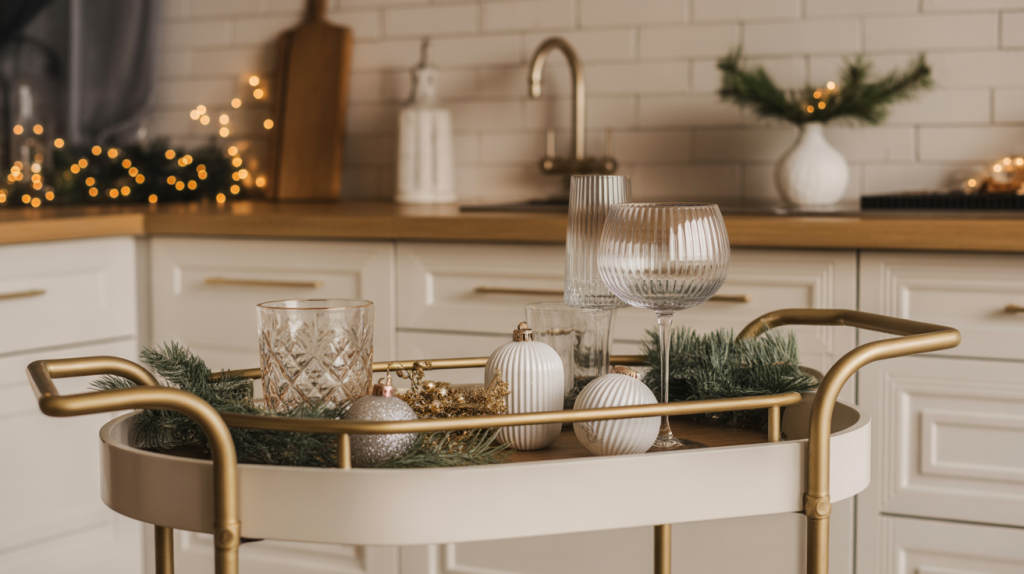 Bar cart decorated in white and gold with glasses, ornaments, and greenery for elegant Christmas entertaining.