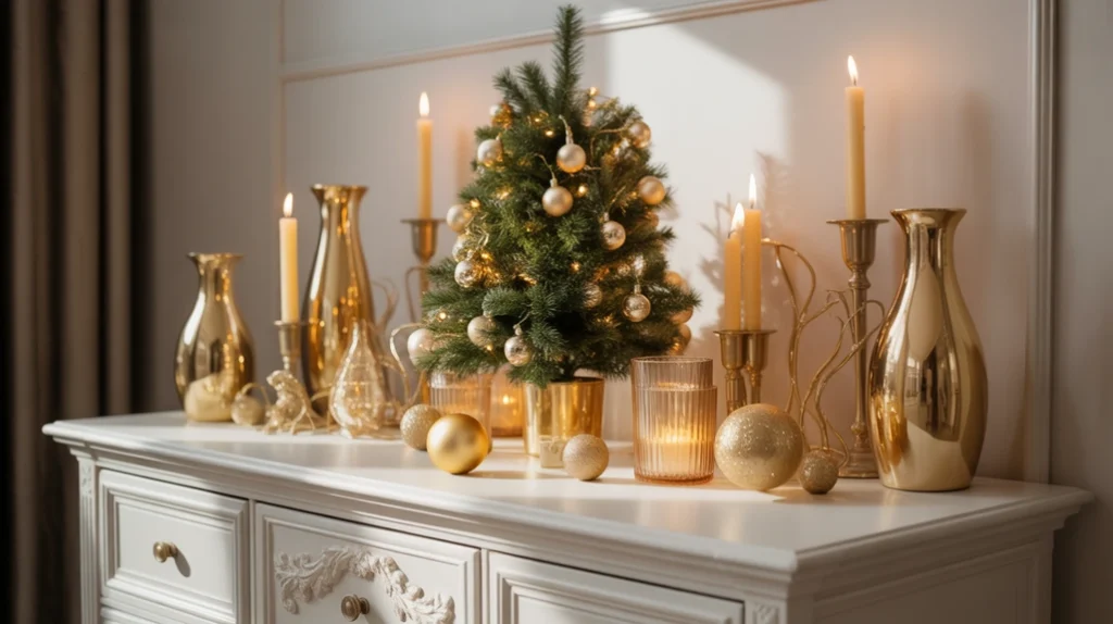 White dresser styled with gold candles, ornaments, and small Christmas tree for winter bedroom decor.