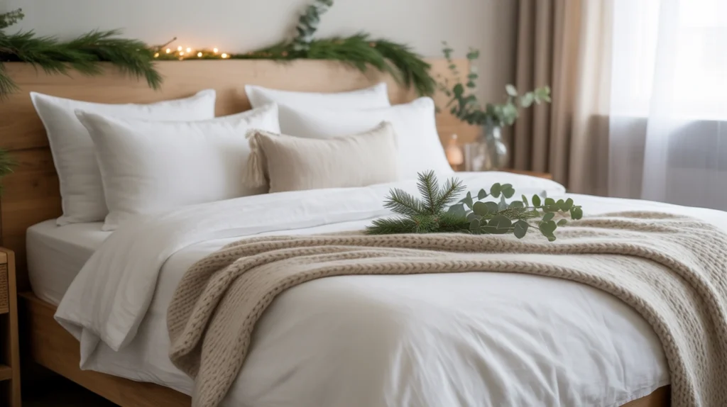 Crisp white bedding with beige throw creating bright and calm modern rustic Christmas look